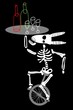 a goat  skeleton mounts the monocycle and takes tray with bottl
