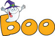 Scaring Ghost Wearing A Witch Hat In The Word BOO