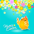 Easter card with funny chicken and flowers. Vector illustration
