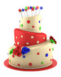 big round red and yellow cake isolated on white background