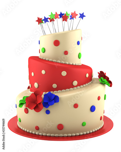 Photo: big round red and yellow cake isolated on white background big round red and yellow cake isolated on white background