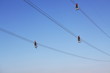Overhead power line during construction, and workers team Overhead power line during construction, and workers team