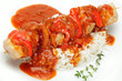 Fleischspieß, Paprikasoße und Reis
