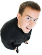 Funny man looks up on a white background.