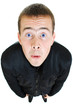 Funny man looks up on a white background.