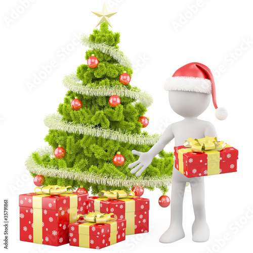 Illustration: Santa Claus with a Christmas tree and some red Christmas gifts Santa Claus with a Christmas tree and some red Christmas gifts