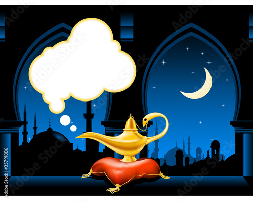 Vector: Magic lamp on the pillow and arabic city skyline Magic lamp on the pillow and arabic city skyline