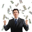 Happy man enjoying a rain of money