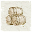Hand drawn wooden barrels on vintage paper background
