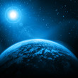 Cosmic star background . Earth, stars, rays of light Cosmic star background . Earth, stars, rays of light