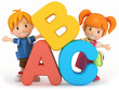 3D render of school kids with ABC