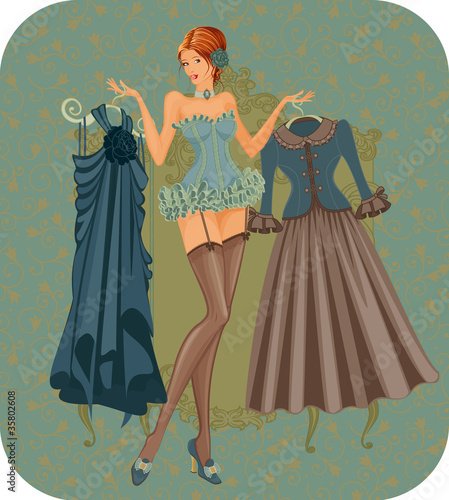 Vector: Illustration of woman in corset with dresses in vintage style Illustration of woman in corset with dresses in vintage style
