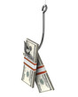 Few packs of dollars on a fishing hook Few packs of dollars on a fishing hook