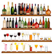 Set of different drinks and bottles on the wall. Vector