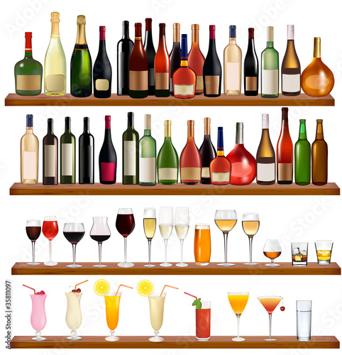 Vector: Set of different drinks and bottles on the wall. Vector Set of different drinks and bottles on the wall. Vector