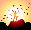 girl with raised hands and flying birds