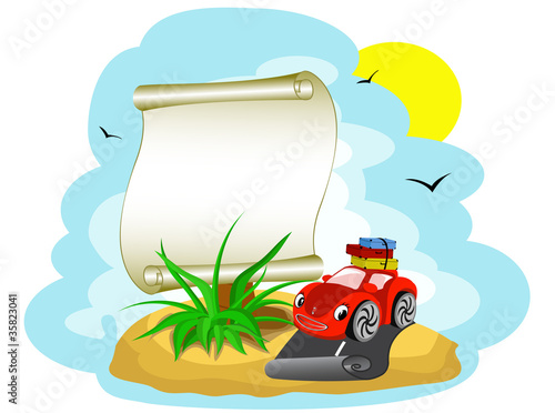 Vector: Red car with the luggage and banner Red car with the luggage and banner