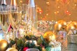 Champagne in glasses,baubles,candle lights.
