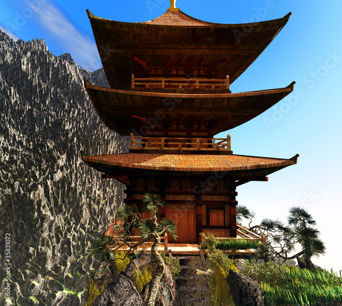Illustration: Buddhist temple in mountains Buddhist temple in mountains