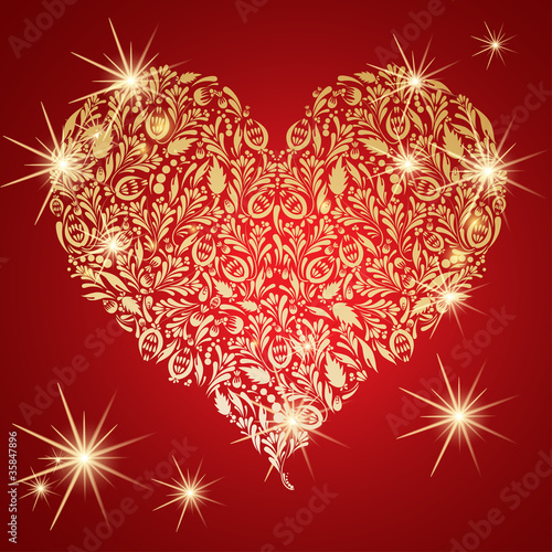 Vector: Abstract golden floral heart with glowing lights Abstract golden floral heart with glowing lights