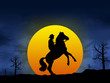 Cowboy taming is horse at sunset