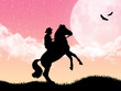 Cowboy taming is horse at moonlight