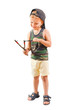 Little cute bully with a slingshot on a white background
