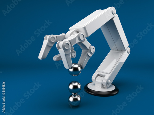 Illustration: Robotic hand holding sphere 3d. Artificial intelligence. On blue Robotic hand holding sphere 3d. Artificial intelligence. On blue