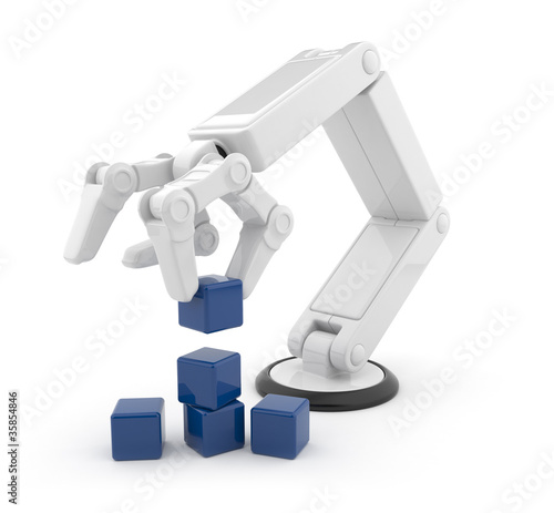 Illustration: Robotic hand gather cube 3d. Artificial intelligence. Isolated o Robotic hand gather cube 3d. Artificial intelligence. Isolated o