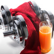 hantel, Orangen Saft und Handtuch, close up
