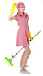 Photo: Funny charwoman with mop on white Funny charwoman with mop on white