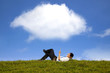 cloud background and happy businessman working with tablet pc cloud background and happy businessman working with tablet pc
