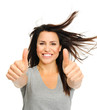Excited brunette with thumbs up