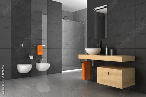 Illustration: tiled bathroom with wood furniture tiled bathroom with wood furniture