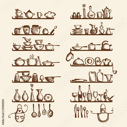 Vector: Kitchen utensils on shelves, sketch drawing for your design Kitchen utensils on shelves, sketch drawing for your design
