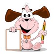 A cartoon dog holding a pencil & blank clip board