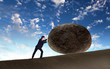 Businessman rolling a giant stone