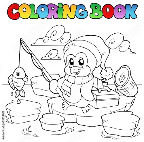 Vector: Coloring book fishing penguin Coloring book fishing penguin
