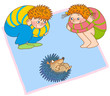 little boy and a girl pretend to be curled hedgehogs