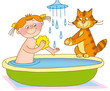 A little girl makes a massage, as if washed