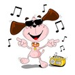 Cartoon dog with sunglasses dancing to music from radio