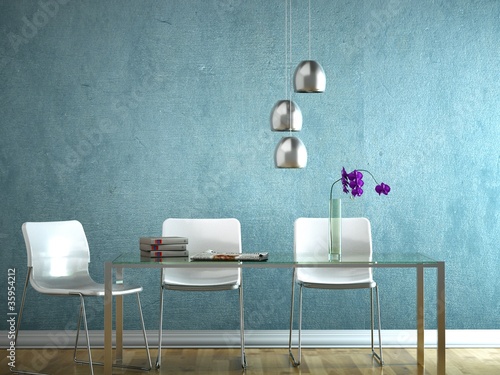 Illustration: Wohndesign - Esszimmer weiss blau Wohndesign - Esszimmer weiss blau