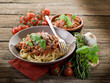 spaghetti bolognese with ragout sauce and parmesan cheese