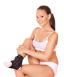 Woman with ankle brace. Woman with ankle brace.