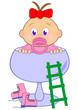 Baby girl with red bow in blue glass and ladder Baby girl with red bow in blue glass and ladder