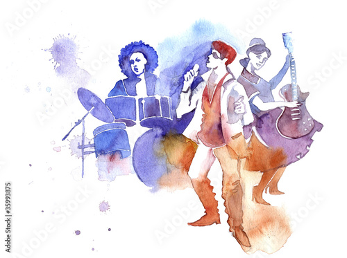 Illustration: the band: singer, guitarist and drummer the band: singer, guitarist and drummer