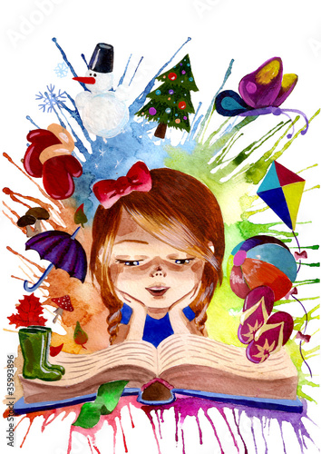 Illustration: girl reading a book about seasons girl reading a book about seasons