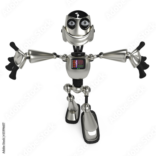Illustration: funny robot in give me a hug up view funny robot in give me a hug up view