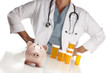 Doctor Standing Behind Medicine Bottles and Piggy Bank Doctor Standing Behind Medicine Bottles and Piggy Bank