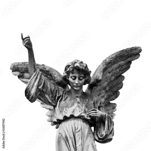 Photo: Winged angel statue isolated on white background. Winged angel statue isolated on white background.